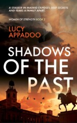 cover of Shadows of the Past by Lucy Appadoo, showing equestrian statue in Madrid silhouetted by setting sun.